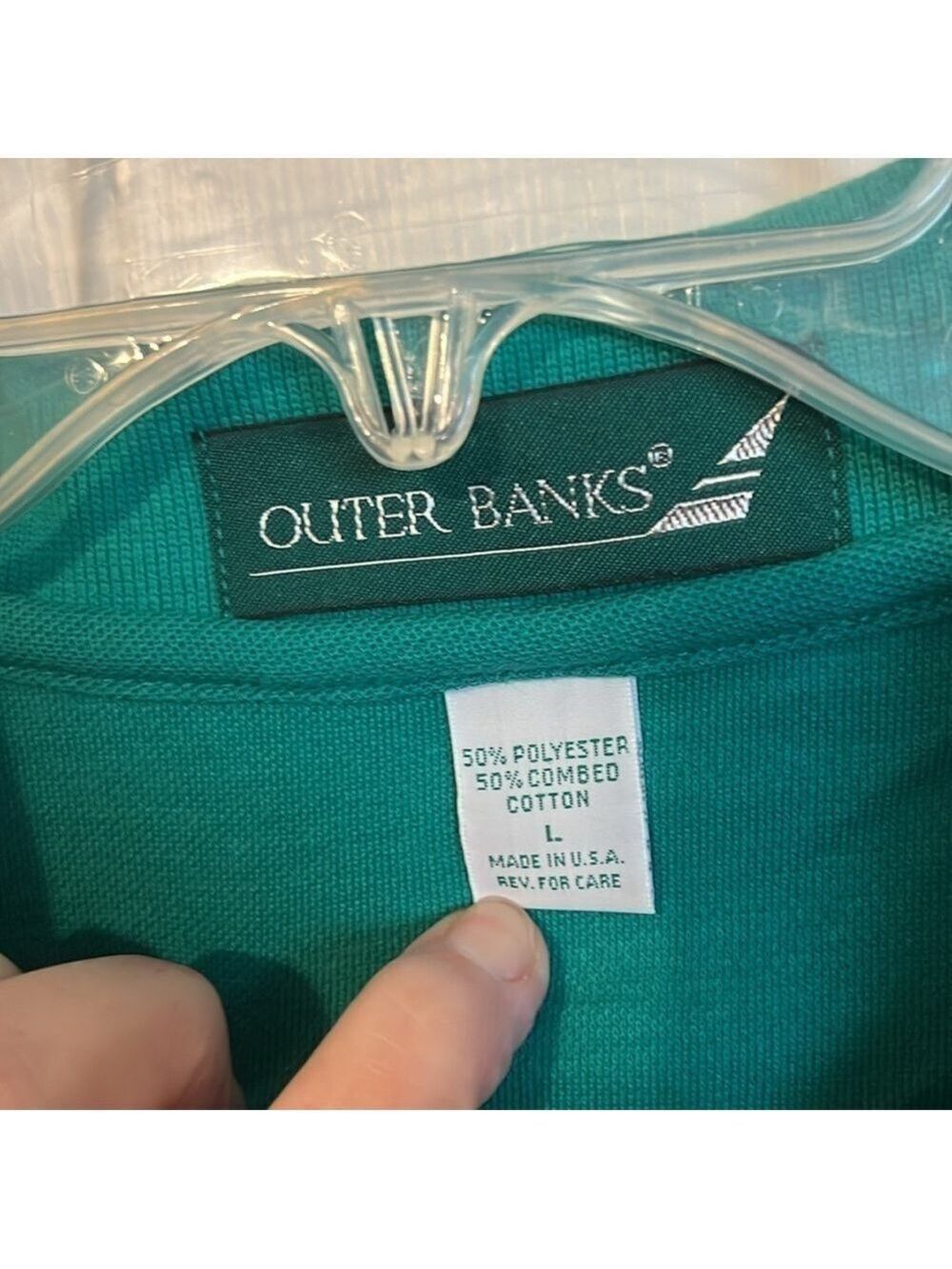 Outer banks vintage “Basic”  advertisement polo shirt. Size L. Green. - Picture 4 of 9